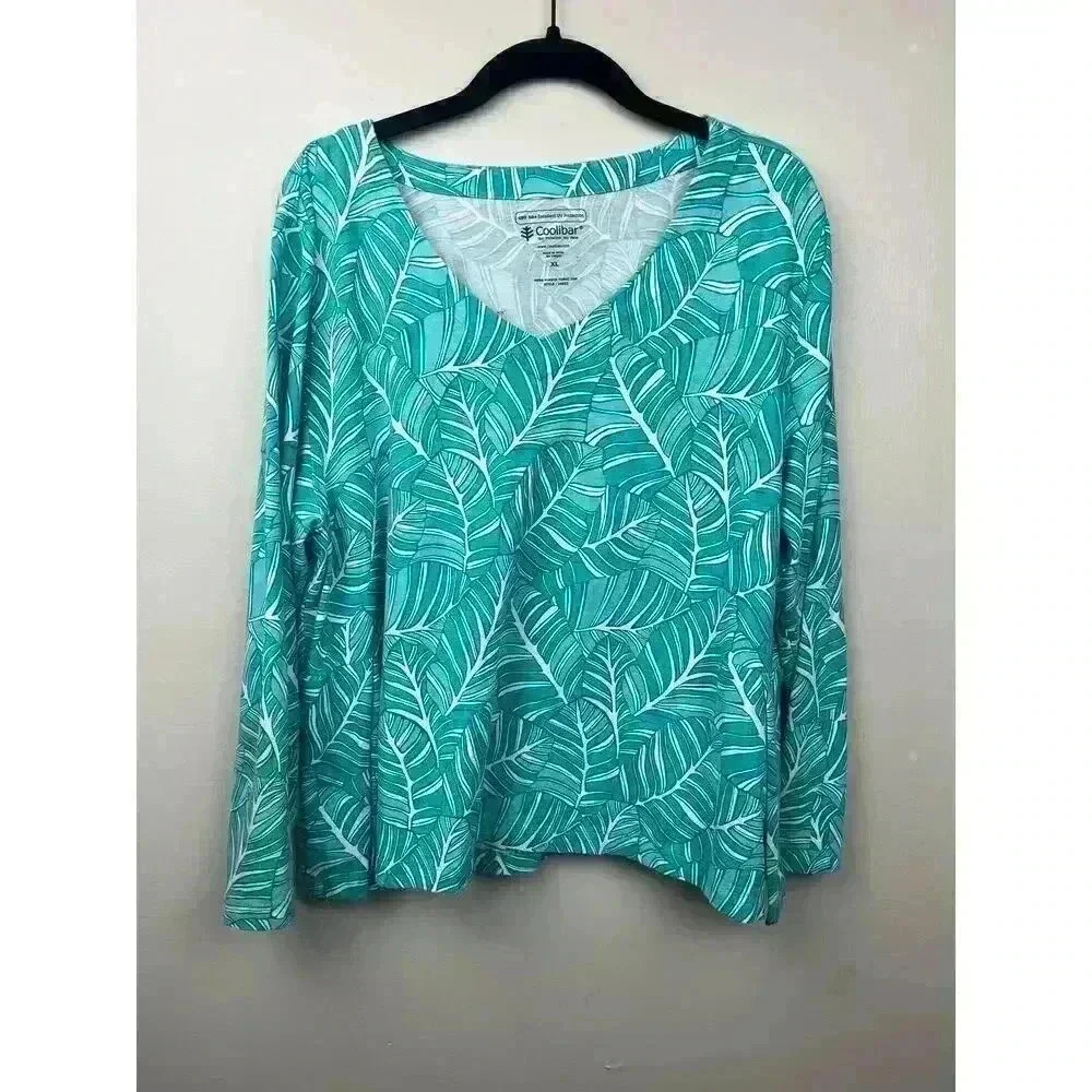 COOLIBAR Teal Leaves UPF 50+ Vneck Long Sleeve Shirt - size XL